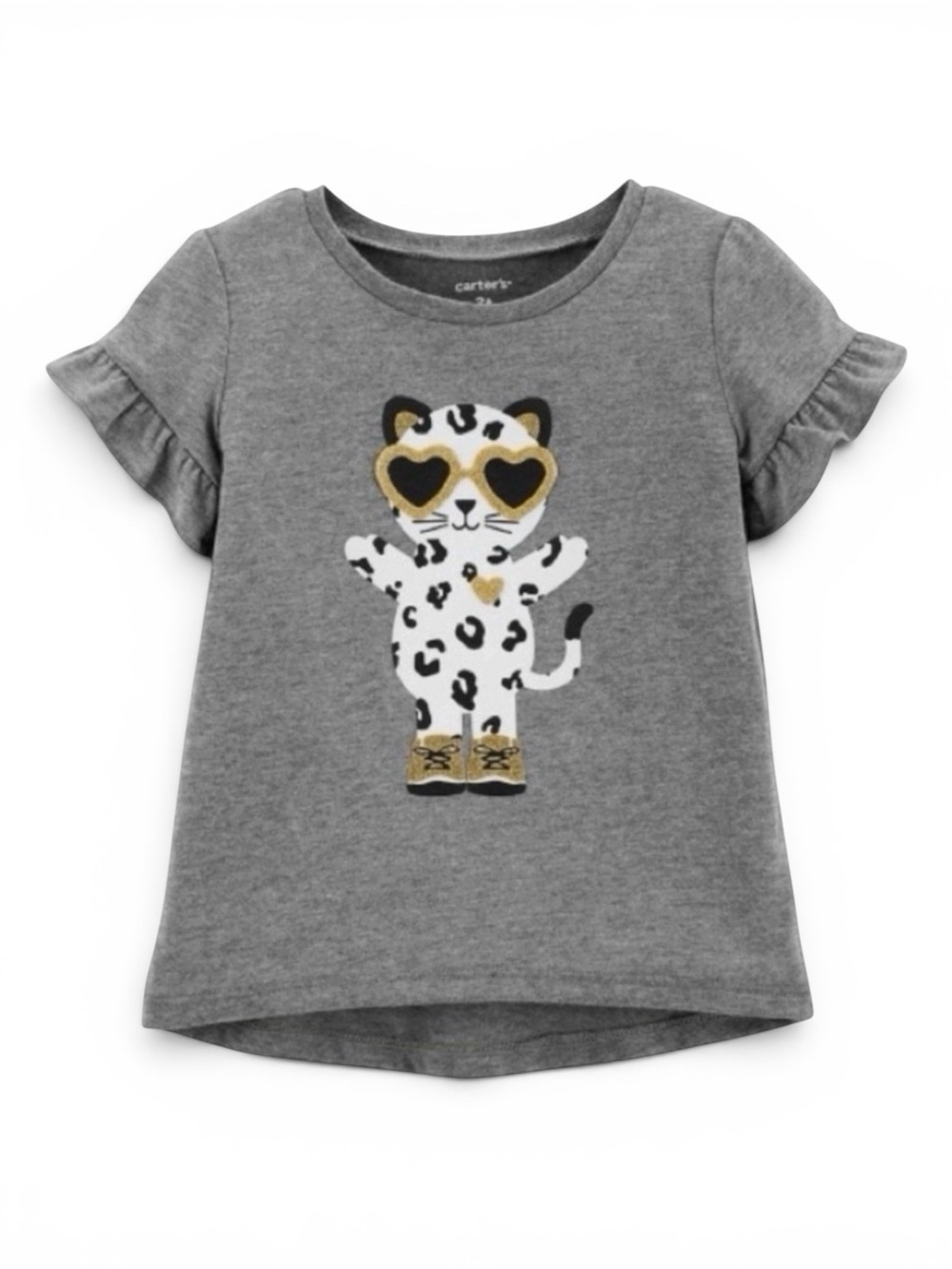 Carter's Gray Ruffle Sleeve Glitter Cat Heart Shades Graphic Top 5T